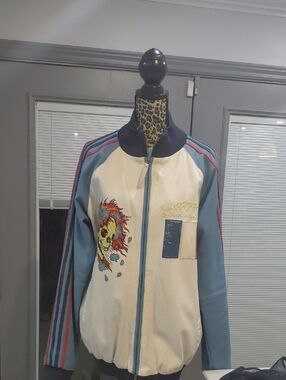 Ed Hardy Blue & Ivory Embroidered Bomber Jacket Genuine Leather